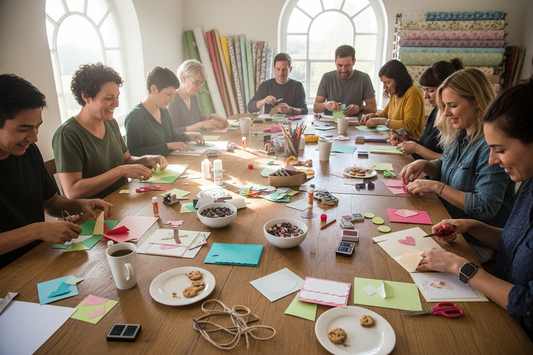 A group of people sitting around a wooden table in a bright room, engaged in a craft activity with colorful paper, scissors, glue, and supplies. The scene is filled with creativity and collaboration.